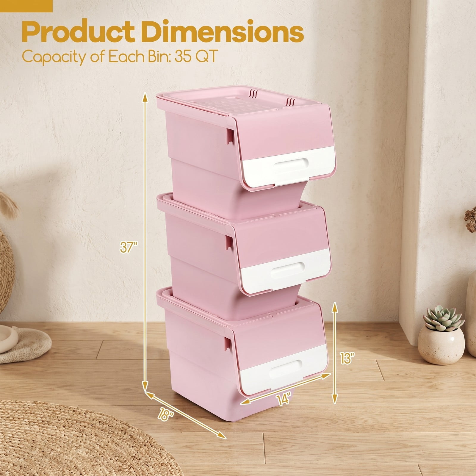 Furnibear Set of 3 Stackable 35 QT Storage Bins on Wheels with Flip Door and Stay-Open Lid for Bedroom and Closet Use, Pink