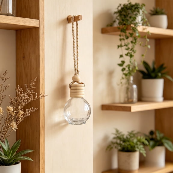 1Pc 10ml Hanging Car Air Freshener Diffuser Bottle Empty Clear Glass Essential Perfume Oil Aromatherapy Fragrance Perfume Pendant Glass Bottle Decor with Wooden Caps(N)