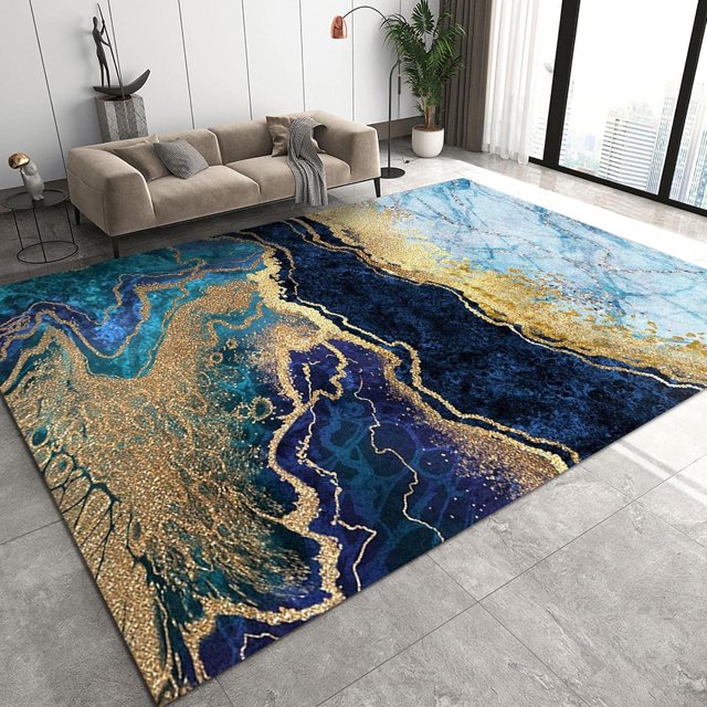 Blue Gold Gradient Marble Area Carpet, Modern Abstract Light Luxury Bedroom Rug, Upholstery Rug with Non-Slip Comfortable Soft Backing for Boy Girl Living Room Dining Room Office4 x 6ft