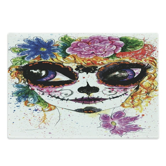 Sugar Skull Cutting Board, Cultural Celebration Mexican Traditional Make Girl Face in Watercolors Art, Decorative Tempered Glass Cutting and Serving Board, Large Size, Multicolor, by Ambesonne