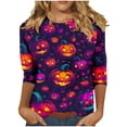 thumbnail image 3 of VKOYWKM Womens Halloween Pumpkin Shirts Funny Graphic T Shirts 3/4 Sleeve Halloween Party Top Loose Fit Crew Neck Spooky T-Shirt Blouses, 3 of 6