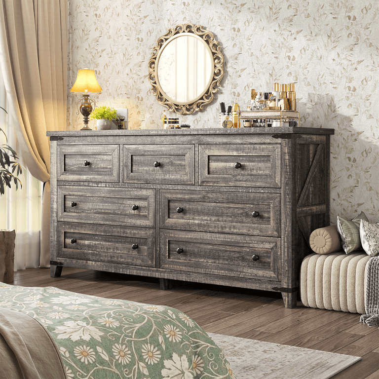 dark grey distressed dresser Romorgniz Farmhouse 7 Drawers Dresser for Bedroom with Smooth Metal  Rails,51