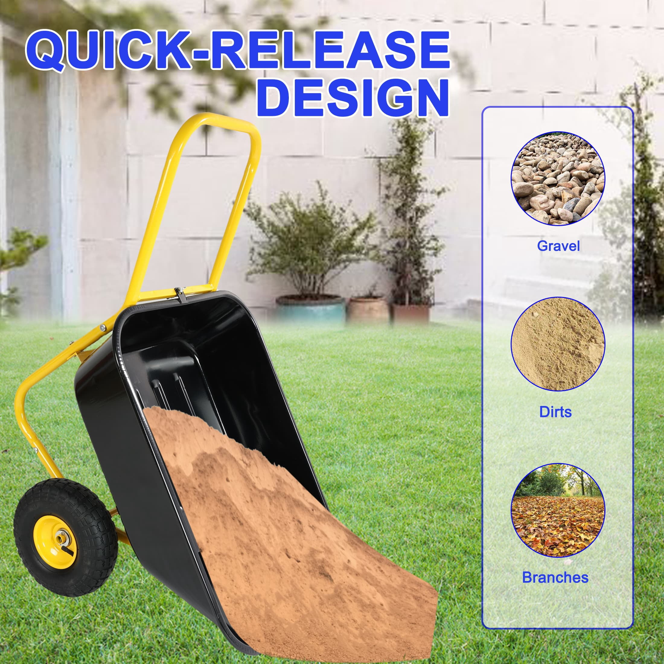 35L Two-Wheeled Garden Cart Wheelbarrow 10 Inch Pneumatic Tires Leakproof Heavy Duty Utility Wheel Barrow for Garden Warehouse Outdoor