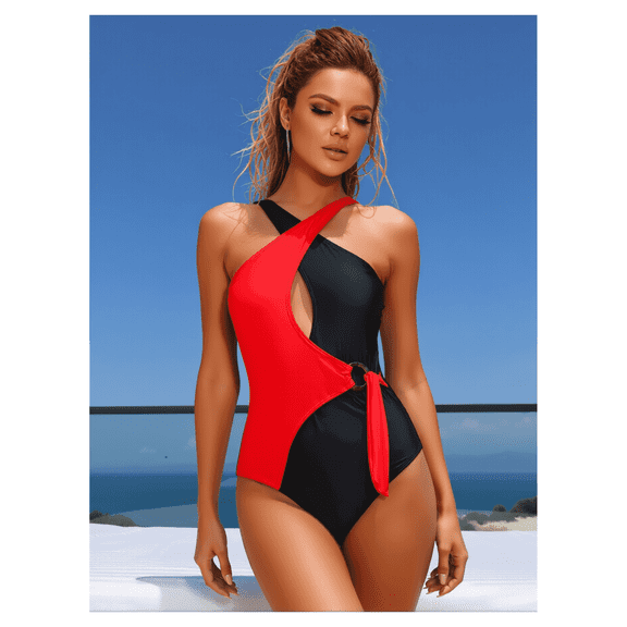 Red and Black Color Block One Shoulder Cutout One Piece Swimsuit, Women's Sexy Bathing Suit for Summer Beach Spa