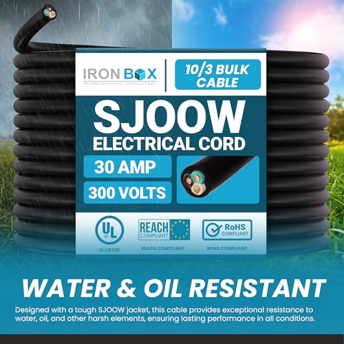 10/3 Bulk Cable 10 Foot - SJOOW Jacket, 30 Amps, 3 Wire, 300v - Water and Oil Resistant (10)