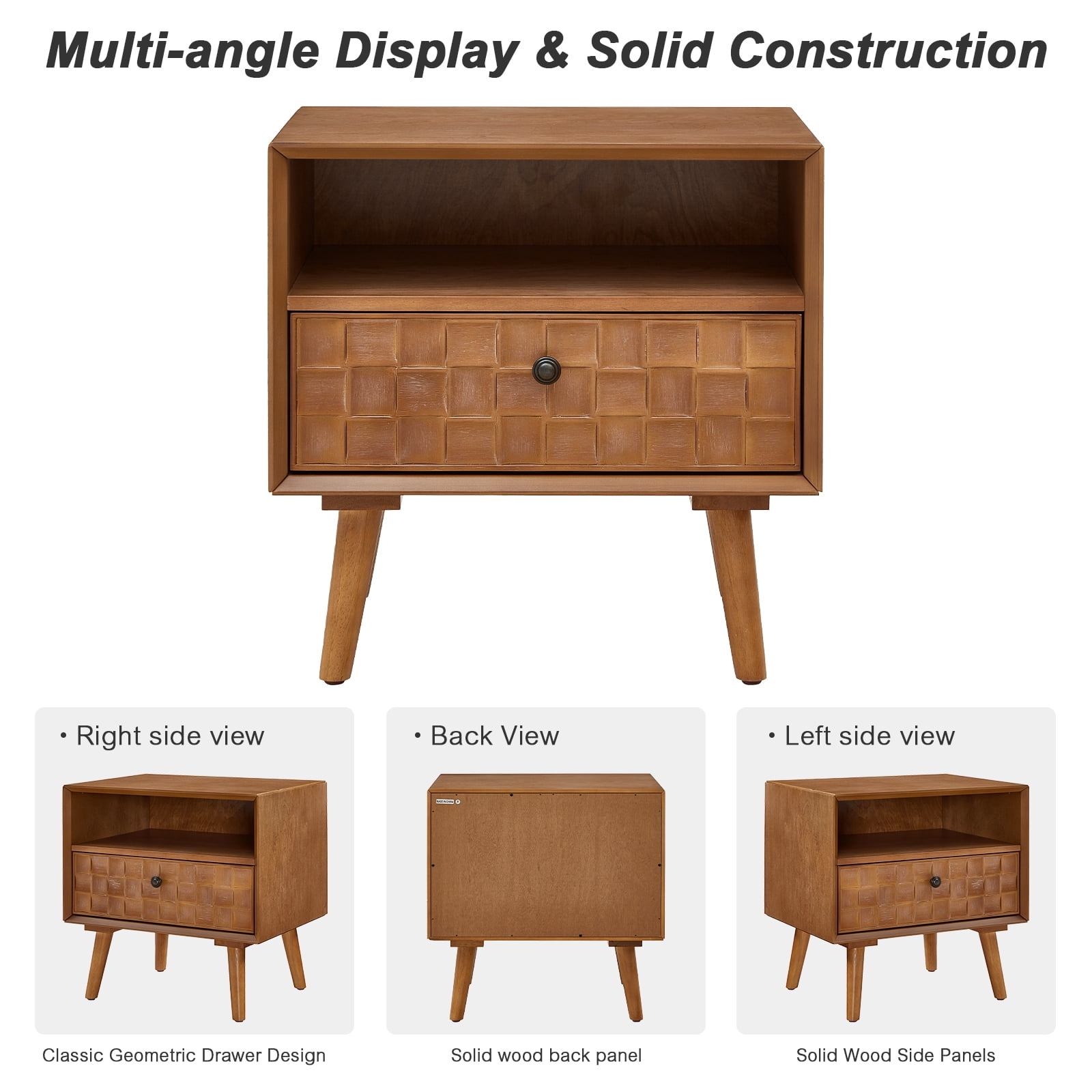 22-Inch Mid-Century Nightstand with Carved Geometric Drawer and Open Shelf, Wood Bedside Table and End Table for Small Spaces, Golden Oak