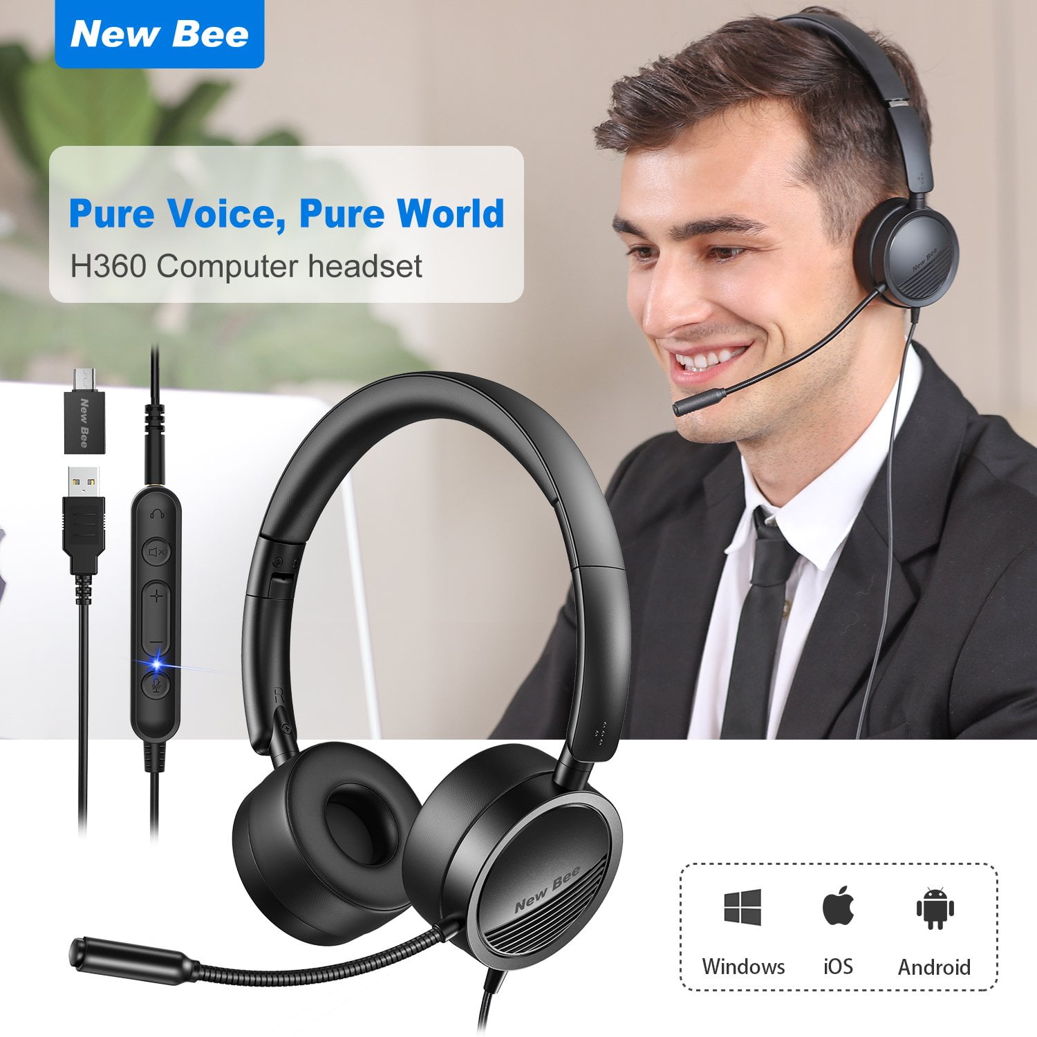 New Bee USB Headset for Home Office Computer Headsets with Microphone -  Walmart.com