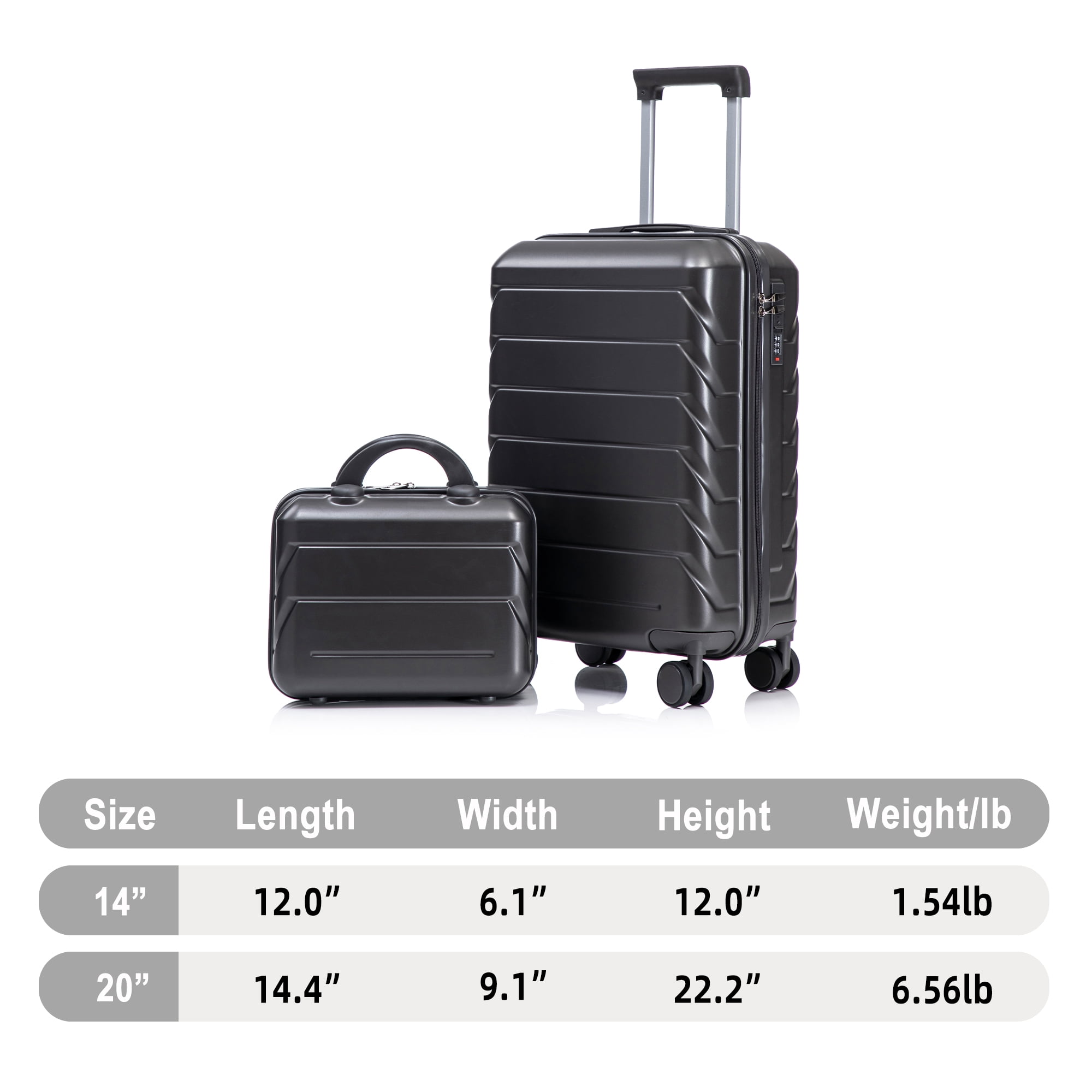 Alvantor 2 Pcs Luggage Set with Combination Lock, 20" ABS Spinner Suitcase & 14" Cosmetic Case, Dark Gray