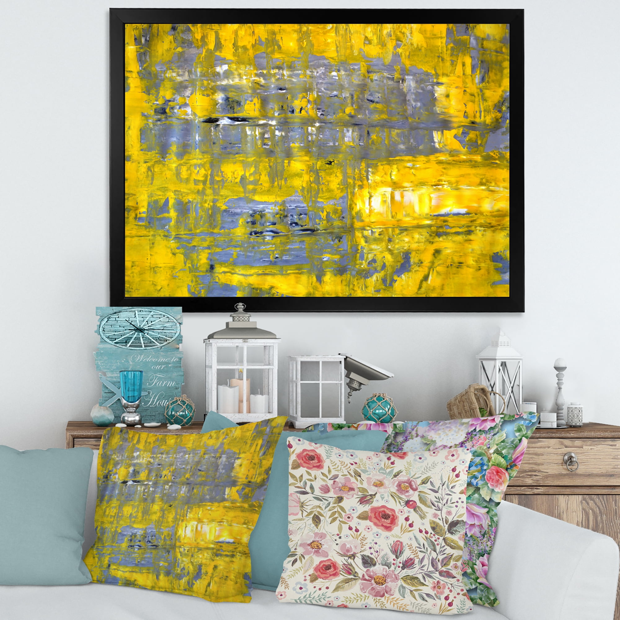 Designart 'Grey Meets Yellow Abstract Art I' Modern Framed Art Print