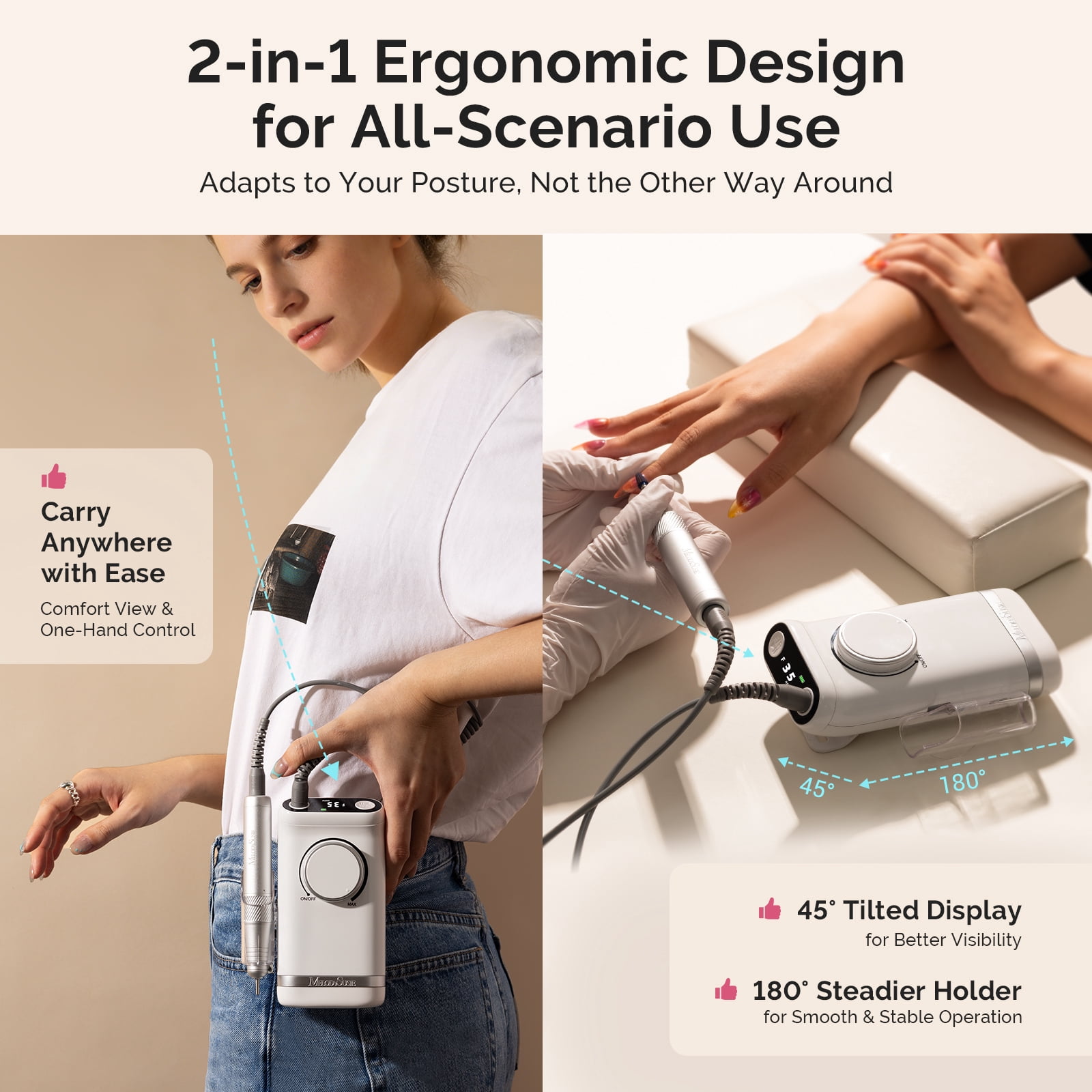 MelodySusie Upgraded Clip-On Cordless 2-in-1 Nail Drill with Tilted Display Design, SM320GW 35000RPM High-Efficiency E-File, White
