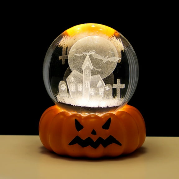 Halloween Decor - Party Headband - Halloween Pumpkin Crystal Ball - Halloween Lamp 3D Engraved Pumpkin Base Night Light Decor with /Witch/Cemetery Scene for Halloween Home & Desktop Decoration