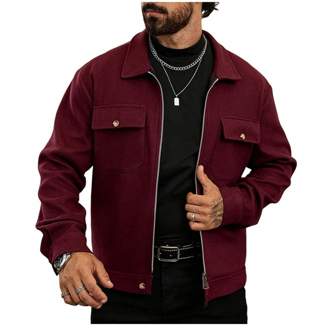 Lovzfmll Men's Wool Jacket Notched Lapel Zip Front Two Pockets Winter Coat Wine, 2XL