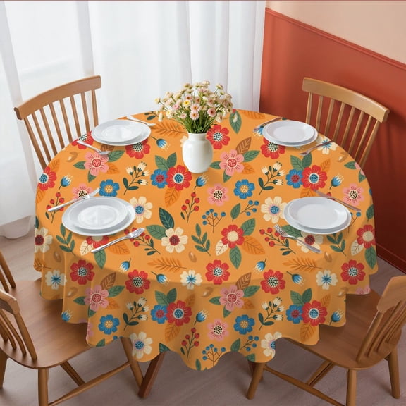Pioneer Flower Floral Print Pattern Round Tablecloth 70"x70", Wrinkle Resistant Wipeable Table Cover for Kitchen Dining Room Picnic Patio and Party