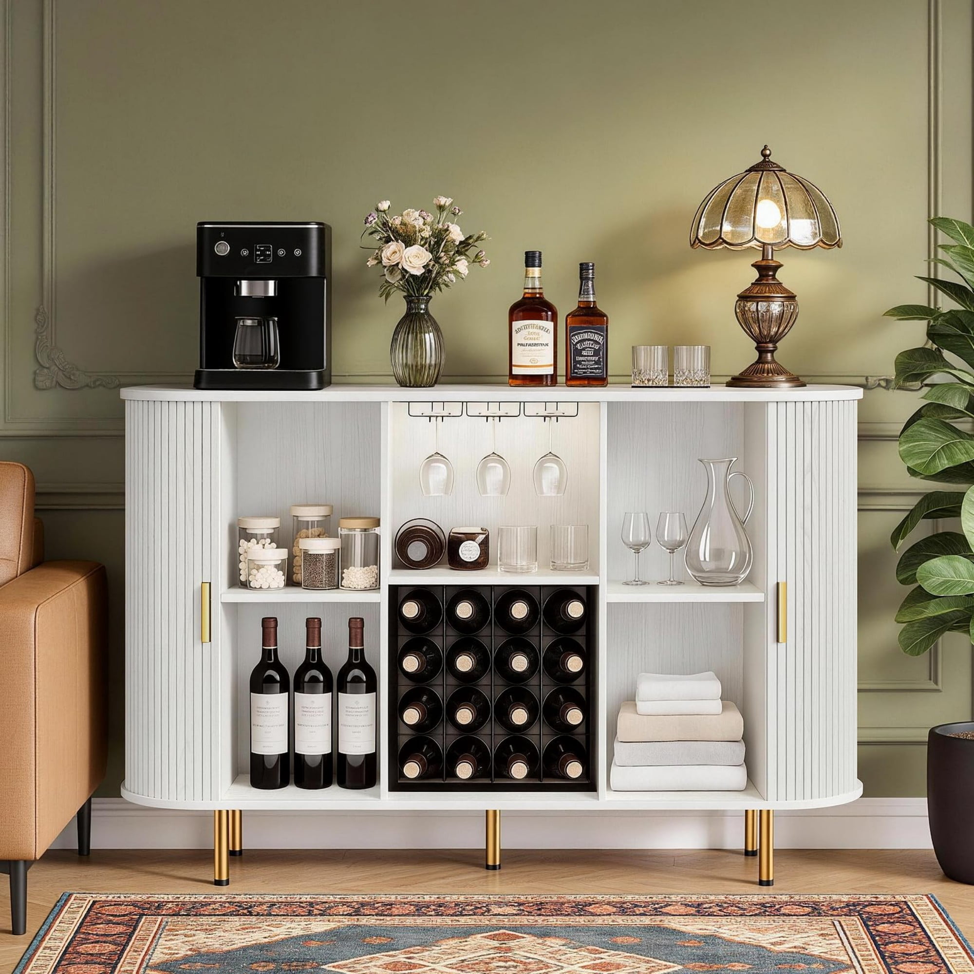 55" Wine Bar Cabinet with Storage, Fluted Coffee Bar Cabinet with Wine Rack & Glass Holder, LED Buffet Sideboard, White