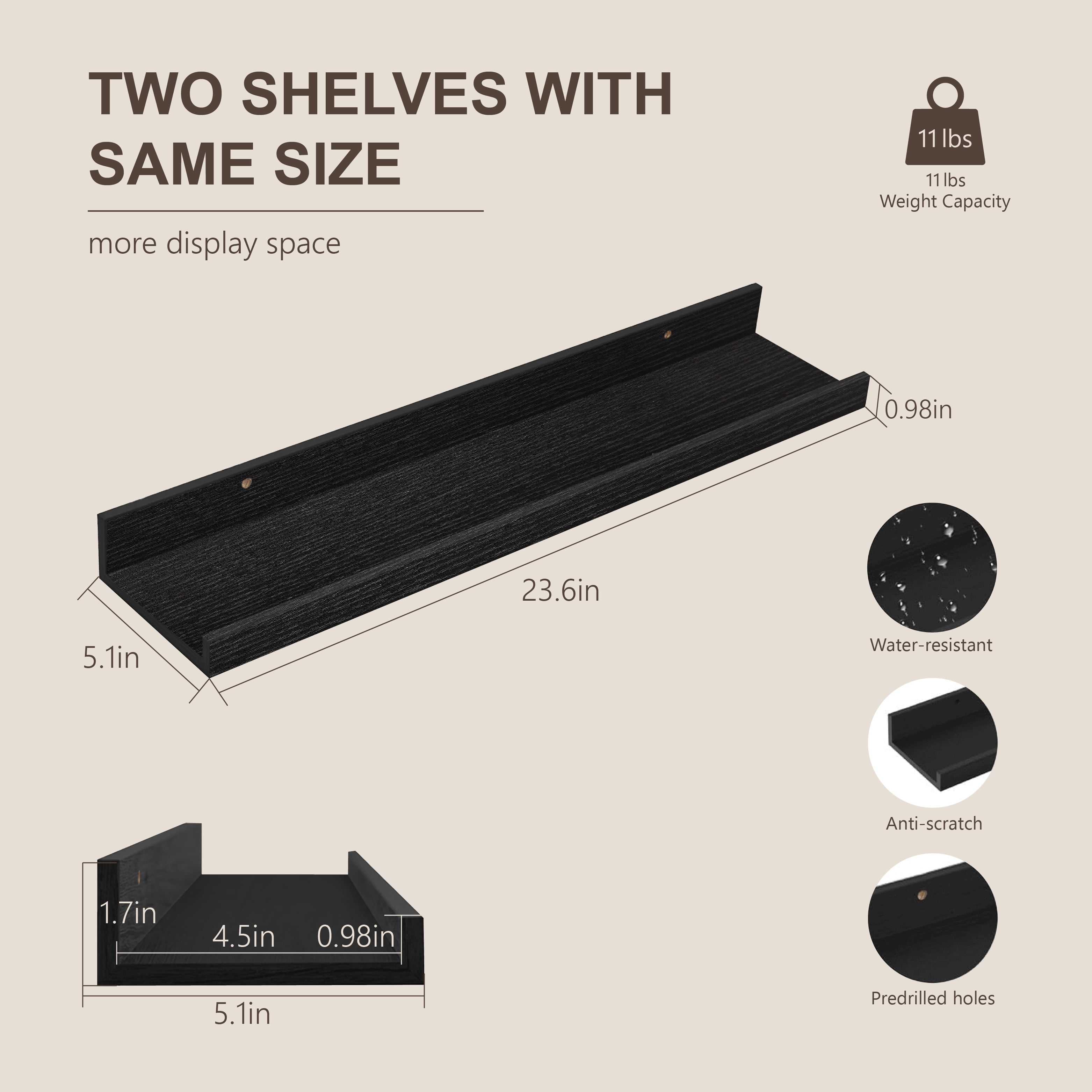 Mifurn 24'' Wood Floating Shelves for Wall Picture Ledge Shelves, Set of 2, Black