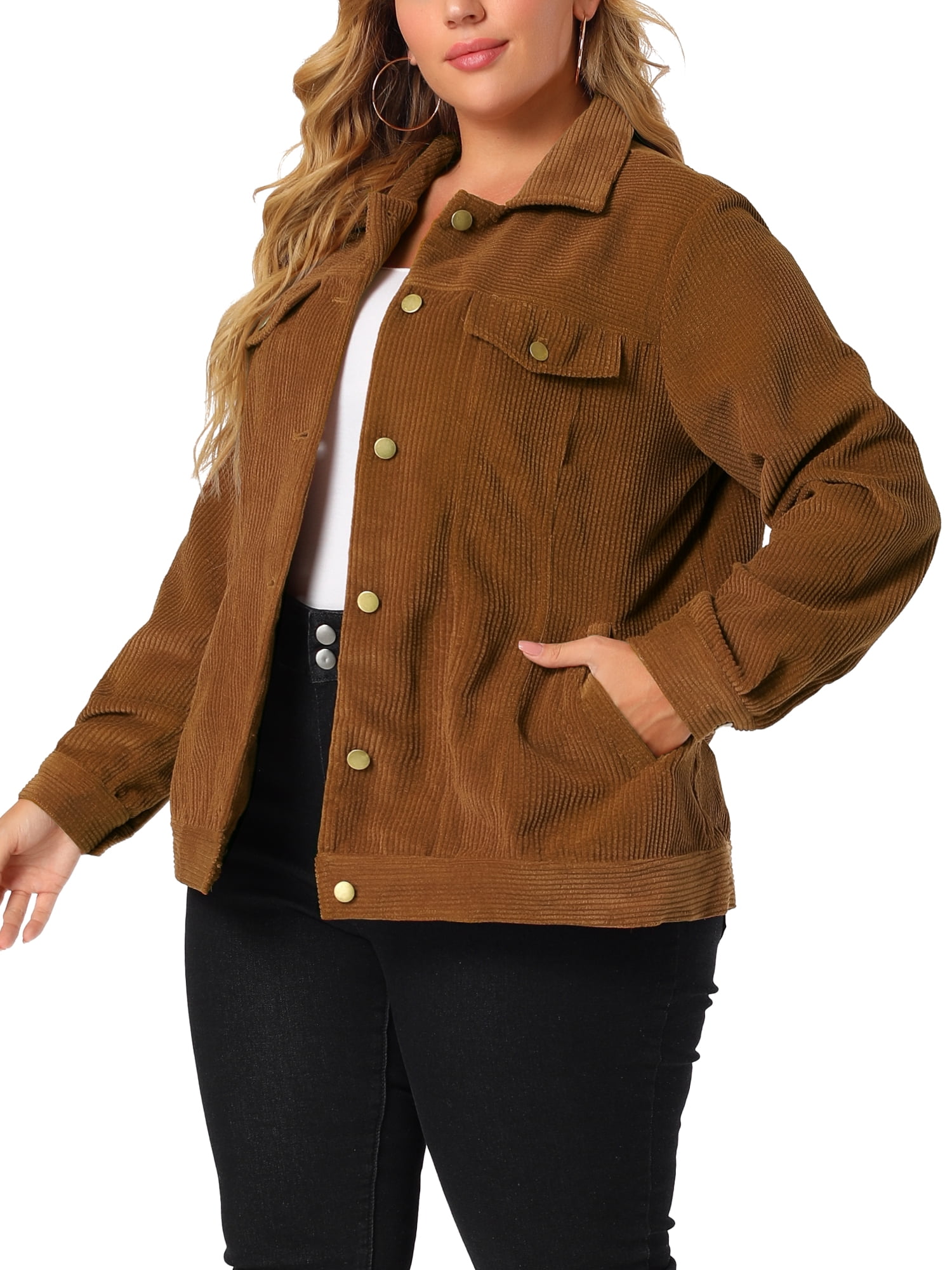 Unique Bargains Women's Plus Size Winter Boyfriend Corduroy Jackets 3X Brown