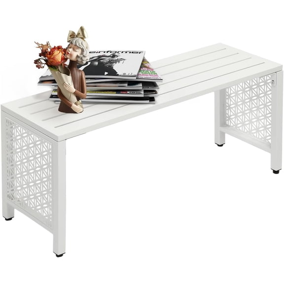 40in Outdoor Metal Bench, All-Weathe Backless Patio Bench with Slatted Seat&Floral Side Panels, Rust-Resistant Garden Bench, Weatherproof Outdoor Seating for Porch Entryway Backyard (White)