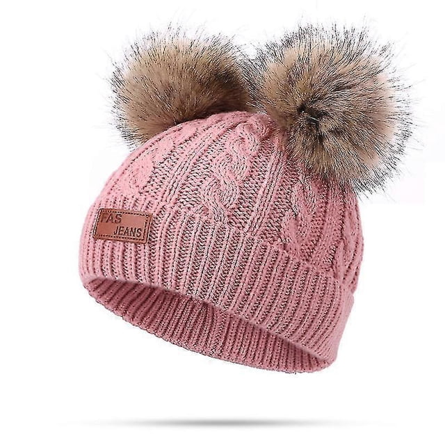 Gorro de lana para niño pequeño, gorro de punto con doble pompón y giro invernal, color rosa