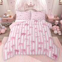 Feelyou Girly Pink Bow-tie Full Size Comforter Sets, Abstract Line Bedding Sets, 3pcs