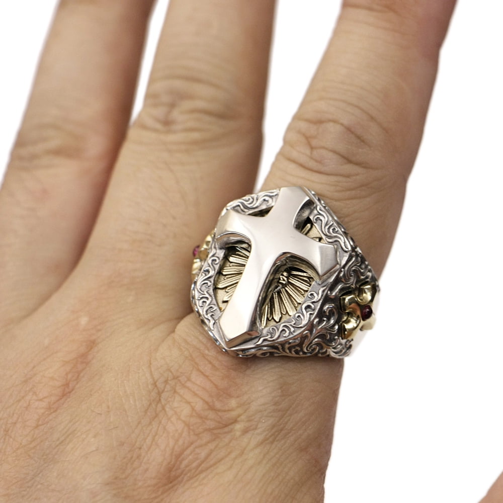 Brass Cross Shield 925 Sterling Silver Huge Cross Ring TA470 US