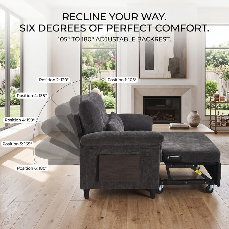 Gewnee 58" Convertible Sofa Bed, Loveseat Sleeper Sofa with USB Ports, Side Table& 6-in-1 Adjustable Backrest, Pull Out Sofa with Pillows for Small Spaces,Chenille(Black)