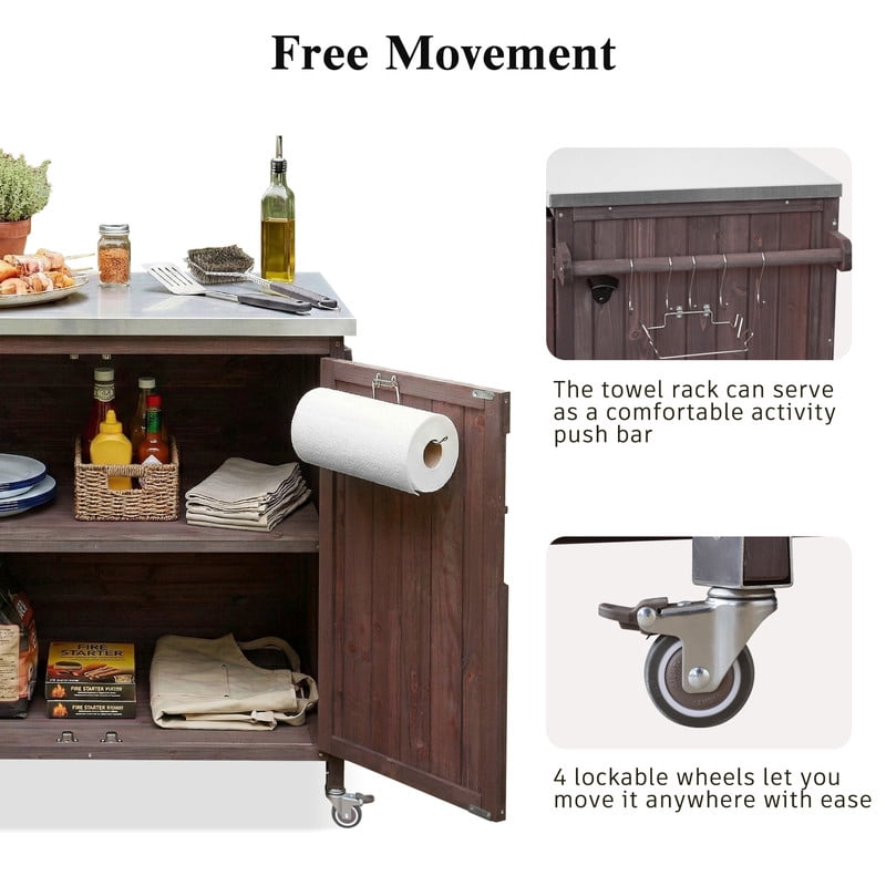 35.4''W Stainless Top Outdoor Rolling Kitchen Storage Island with Side Racks, Outdoor Grill Serving Cart with Cabinet & Adjustable Shelf