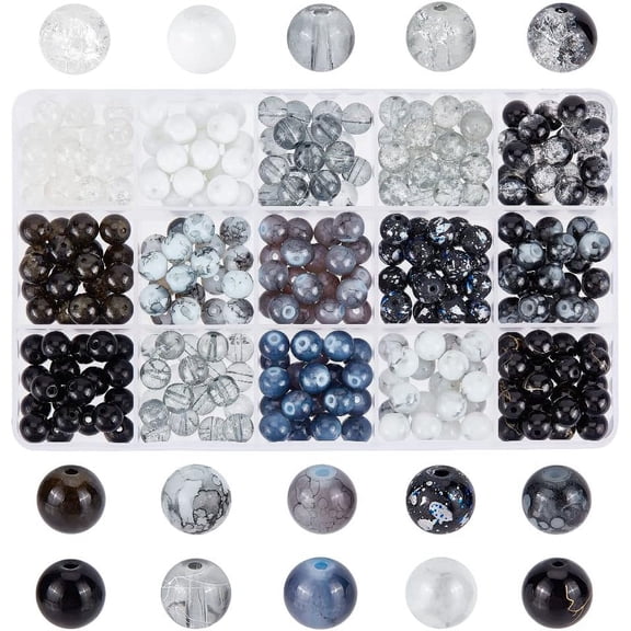 300pcs 8mm Black Glass Beads 15 Color Bracelet Beads Marble Loose Beads Baking Painted Bead Spacers for Men Bracelet Necklace Jewelry Making Ramadan Decoration