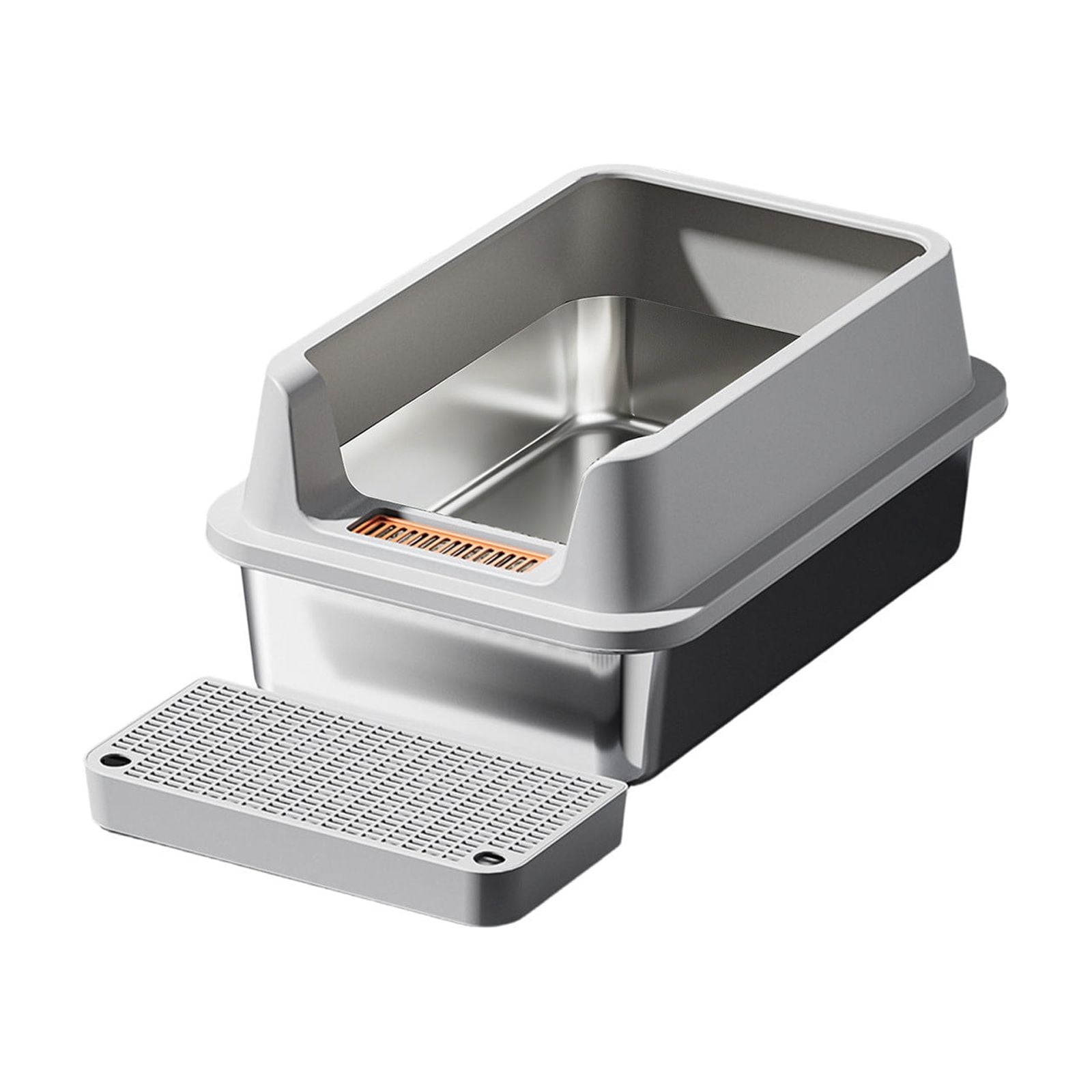 Stainless Steel High Sided Litter Box, Large Open Top Cat Litter Pan with Step Platform, Odor Resistant & Easy Clean, Non-Slip Kitty Tray with Scoop for Small & Large Cats