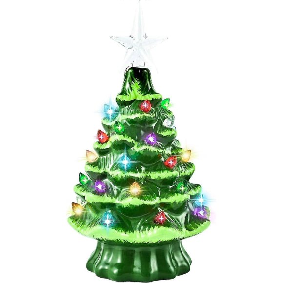 Ceramic Christmas Tree 8 Pre-Lit Hand-Painted Tabletop Xmas Decor with 32 Multicolored Lights&Top Star, Retro Centerpiece