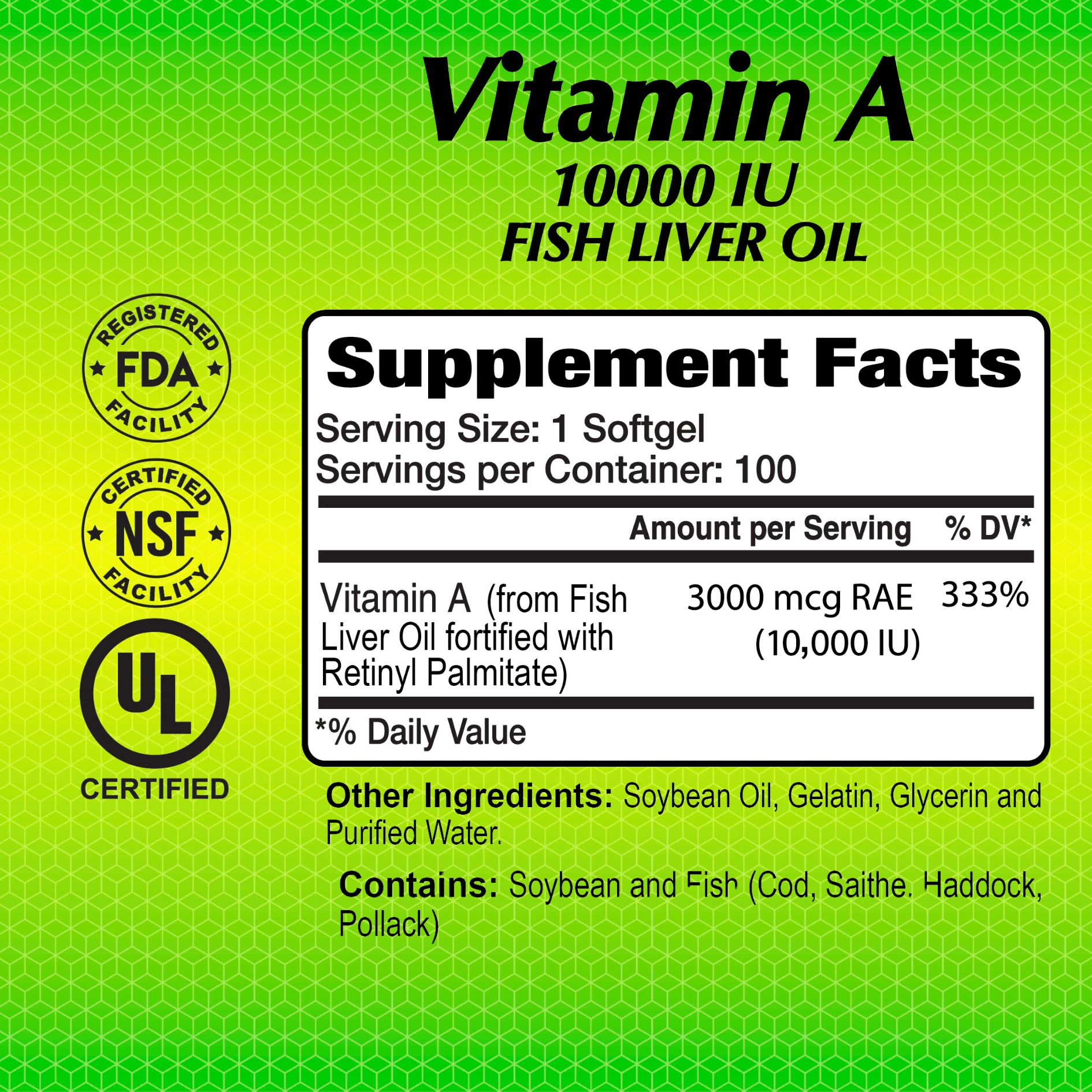 ALFA VITAMINS - Vitamin A - Fish Liver Oil 10,000 IU - Daily Dietary Supplement Helps Supports Vision, Skin and Immune System - 100 Softgels