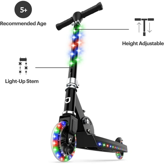 Kids Light- Kick Scooter with LED Lights, Adjustable Handlebar, Rear Brake, Easy-Fold Design, Ages 5
