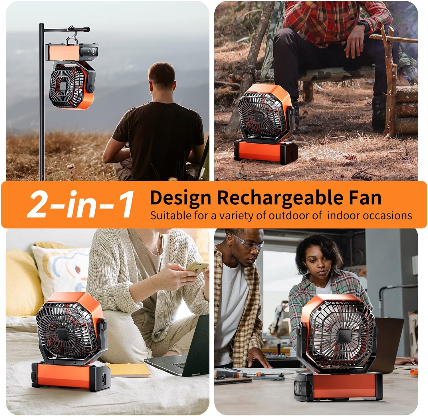 Camping LED Fan with Light, 40000mAh Rechargeable Battery Powered Outdoor Tent Fan with Light and Hook, 4 Speed, Personal USB Desk Fan for Camping, Fishing, Power Outage,Hurricane, Worksite