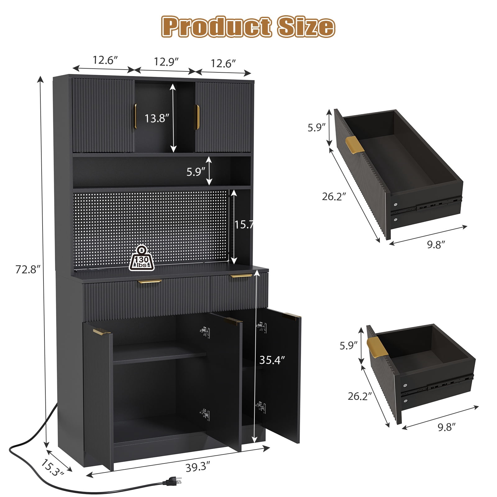 Lumiinofami 72.8" Kitchen Pantry Cabinet, Microwave Hutch with Charging Station, DIY Pegboard, 5 Fluted Doors, 2 Drawers, Adjustable Shelves for Kitchen, Dining Room, Living Room, Black