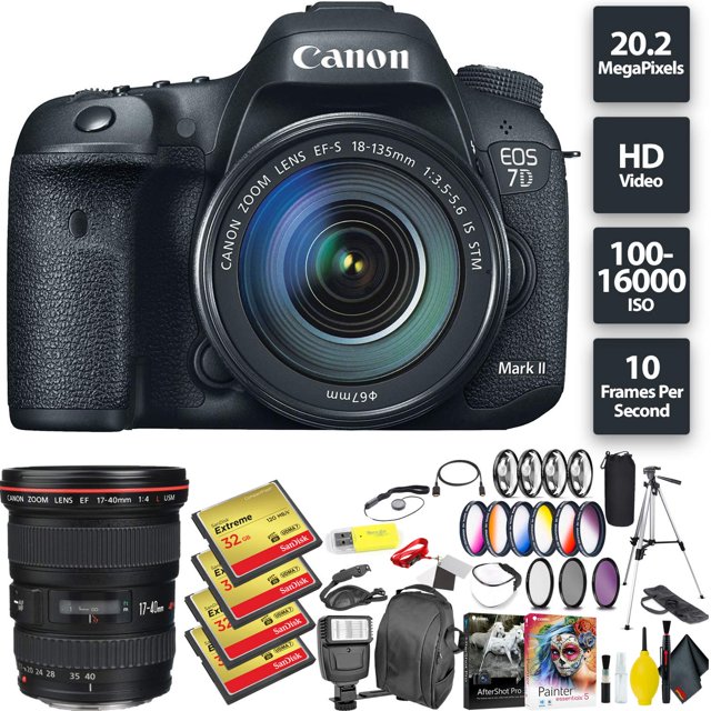 Canon EOS 7D Mark II DSLR Camera + 18-135mm f/3.5-5.6 STM Lens + 128GB Memory Card (4X 32) + Canon 17-40mm Lens Wide Ang Canon 9128B016-233