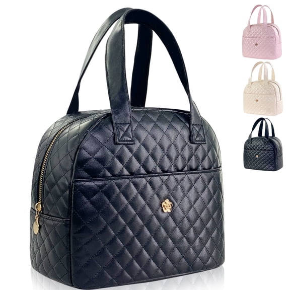 Mziart Cute Lunch Bag for Women, Insulated Lunch Box Tote Bag Reusable PU Leather Bento Cooler Bag for Work Office Picnic Travel (Black)