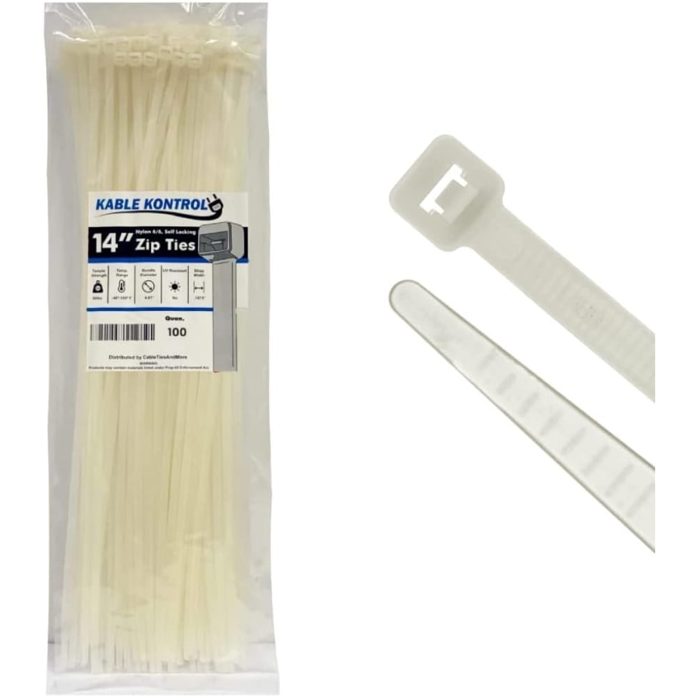 Kable Kontrol Clear Zip Ties 14" Inch Long Natural Nylon 50 Lbs
