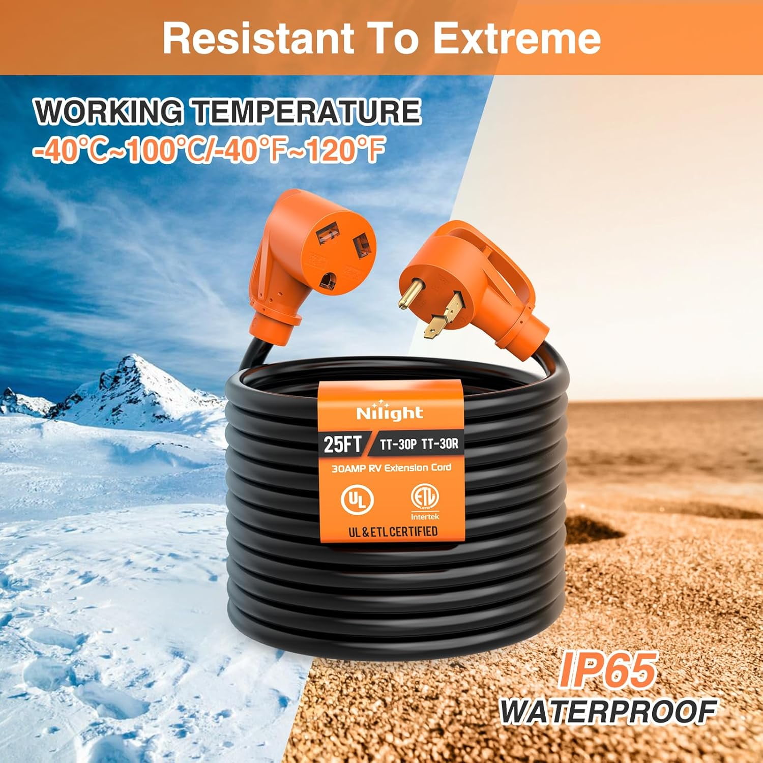 Nilight 25FT 30 Amp RV Extension Cord with Adapter 50Amp to 30Amp 125V Heavy Duty 10/3 Gauge Pure Copper STW Wire UL ETL Listed 3 Prong TT-30P TT-30R Weatherproof Suit for Generators Campers
