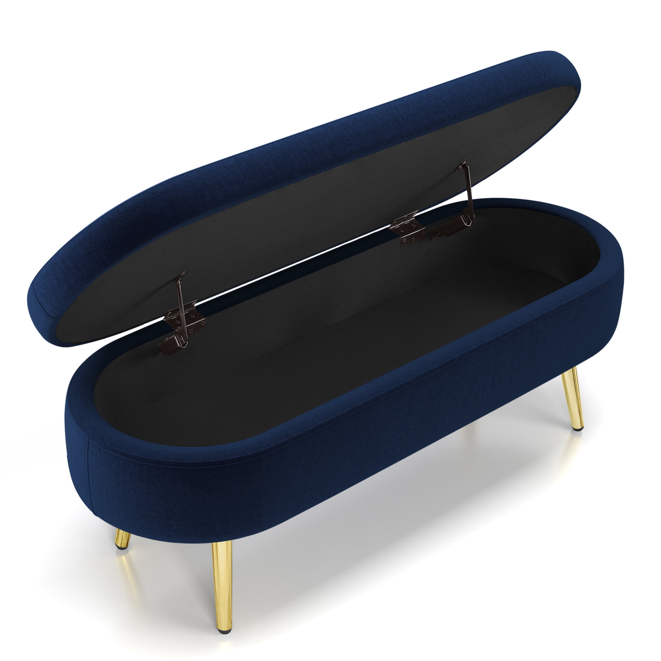 Noble House Dyani 43" Oval Flannel Storage Ottoman Bench, Upholstered Footrest with Metal Legs, Dark Blue