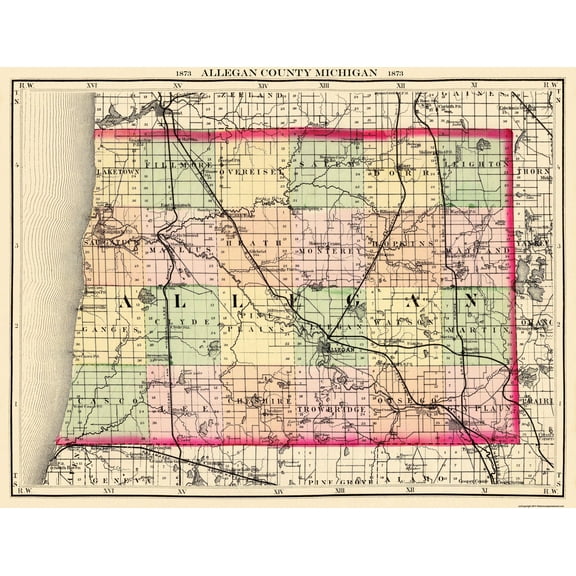 Historic County Map - Allegan County Michigan - Walling 1873 - 30 x 23 - Vintage Wall Art