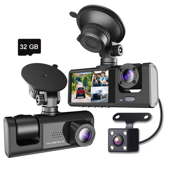 Cámara para auto YOVDA de 3 canales 1080P con pantalla de 2" y 32 GB