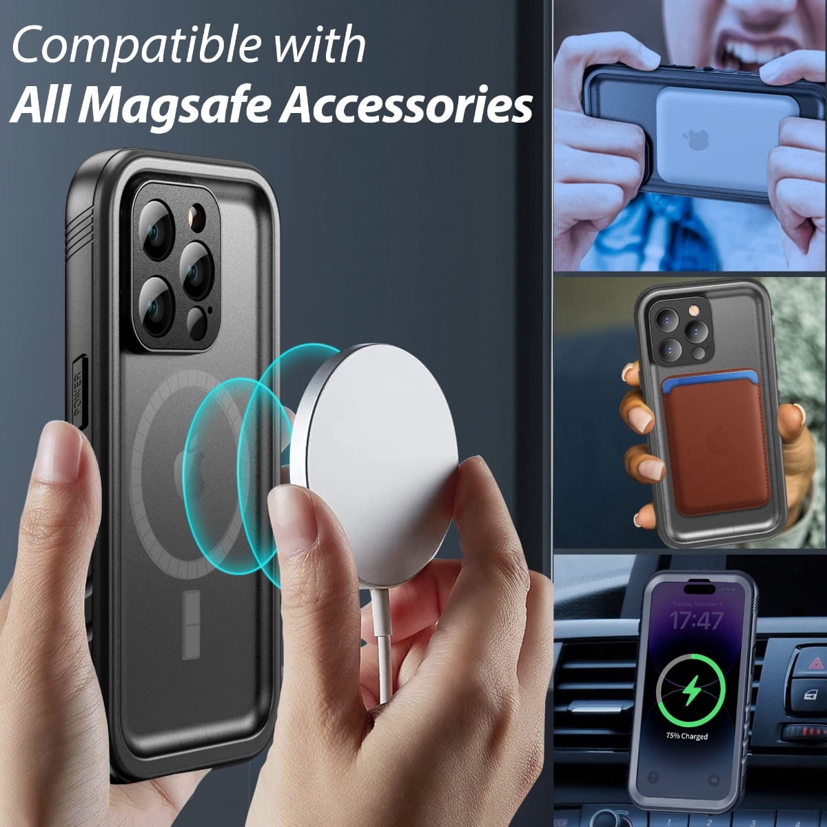 SPORTLINK Magnetic Case for iPhone 14 Pro Compatible with MagSafe IP68 Waterproof Full Body Heavy Duty Military Shockproof Dropproof 360 Sealed Rugged Cover - Black