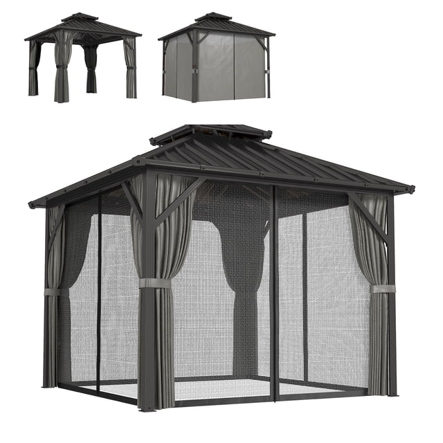 Outsunny Pavillon à Toit Rigide 10 Pieds x 10 Pieds avec Auvent et Double Toit en Acier Galvanisé