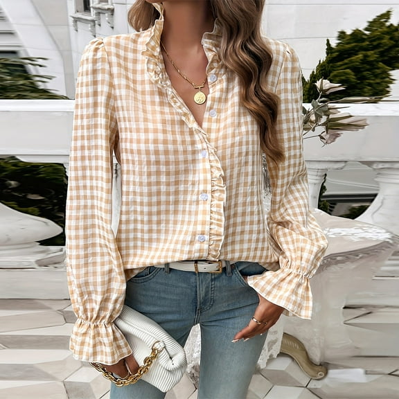 Oversized Tshirts for Women, Womens Plaid Shirts 2025 Plus Size Holiday Party Tops Ruffled V-Neck Blouse Long Sleeve Casual Fall Winter Lounge Wear Christmas Photo Outfits Beige L