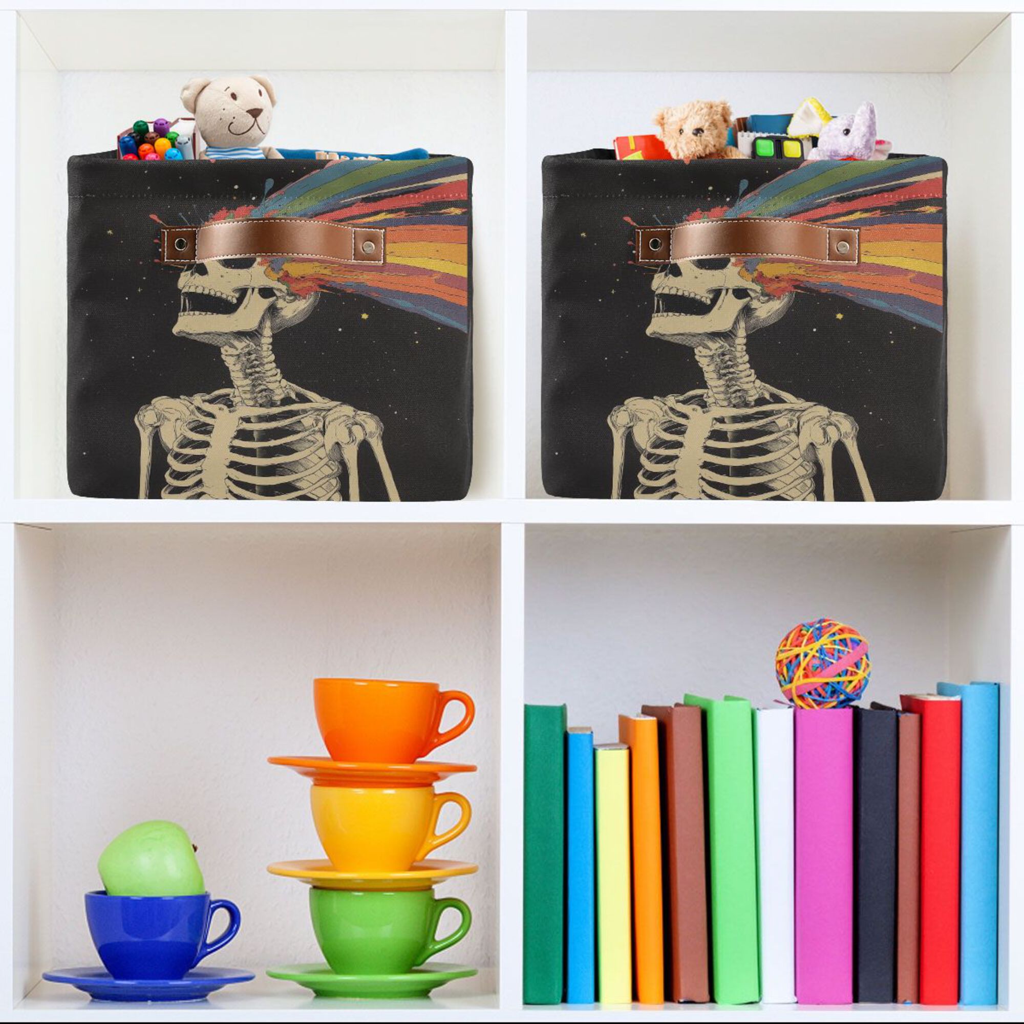 Yayeee 2 Pack Canvas Storage Basket with Handles for Shelves Fabric Bins Closet Organizer, Black Skeleton