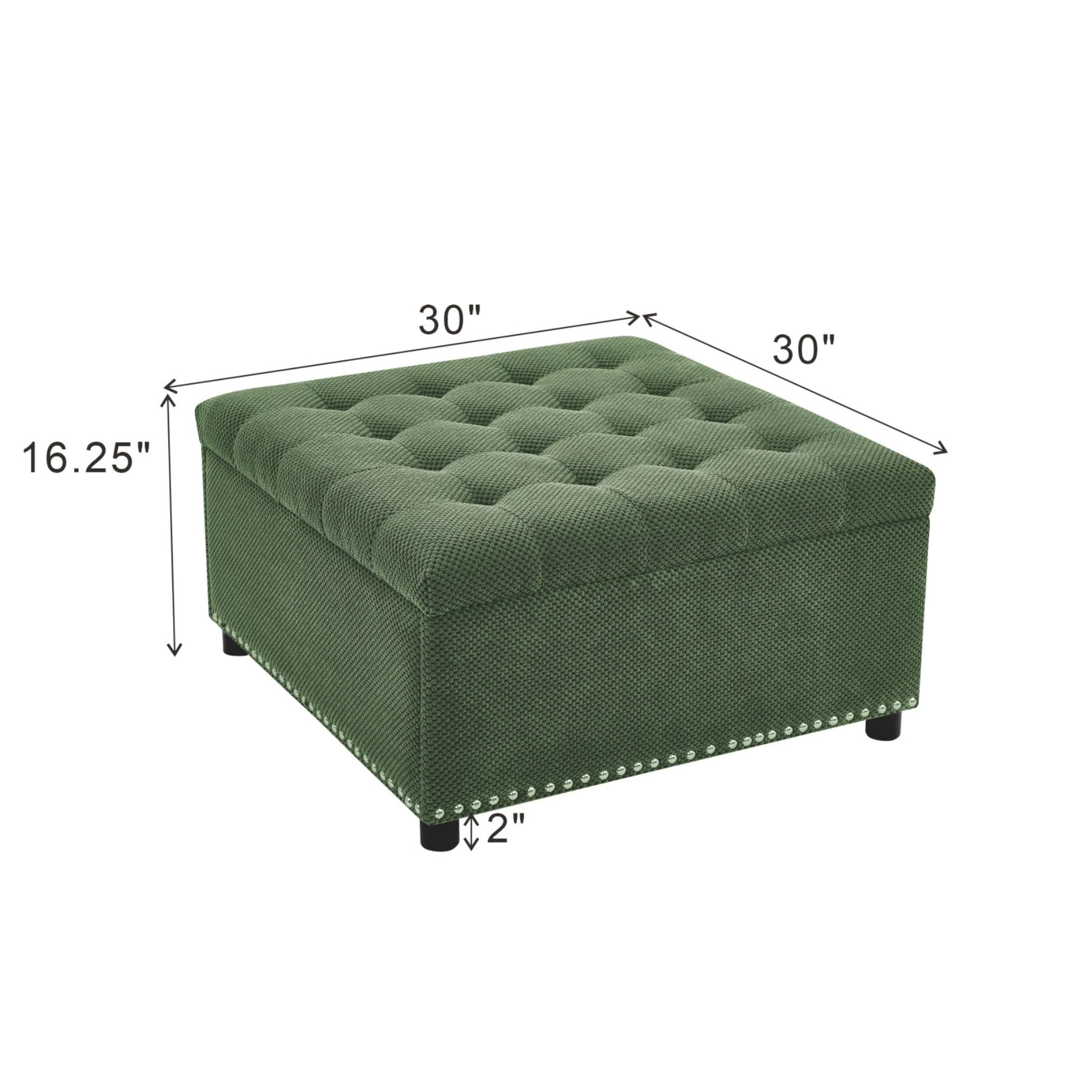 Noble House 30" Square Storage Ottoman with Tufted Top, Nailhead Trim, Green