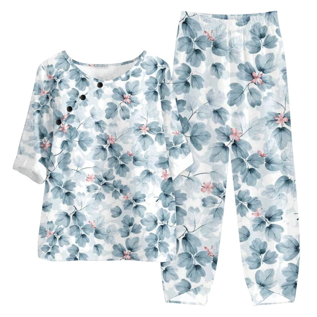 Ensembles Deux Pièces pour Femmes Été Ensemble Imprimé Manches Mi-Longues Col Rond Haut Court + Pantalon Décontracté Ensemble de Détente Deux Pièces