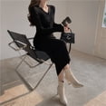 thumbnail image 5 of Vestido suéter de punto con cuello en V para mujer, ropa de calle de moda coreana, Top de manga larga, otoño e invierno, nuevo, 5 of 5