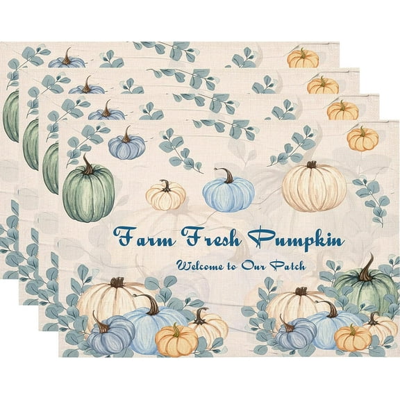 Blue Linen Pumpkin Fall Thanksgiving Placemats Set of 4, 12 x 18 Inch Holiday Rustic Vintage Farmhouse Place Mats Linen Dining Table Mats for Party Kitchen Dining Decoration