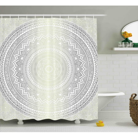 Grey And White Shower Curtain Medallion Pattern Round Shape Mandala Grey And White Shower Curtain Medallion Pattern Round Shape Mandala Hippie Ombre Retro Culture Design Fabric Bathroom Set With Hooks