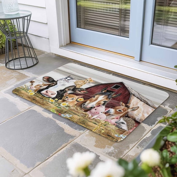 Farmhouse Animals Door Mat Indoor Outdoor, Cow Pig in Fence Retro Wood Barn Non Slip Welcome Mat with Rubber Backing, Absorbent Fabric Front Door Mats Entryway Rug for Home Patio Entrance 16"x24"